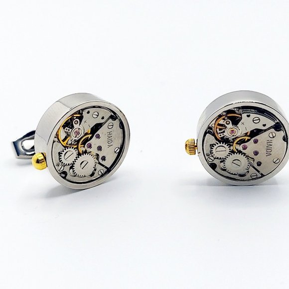 Functional Men's Brushed Steel Gold & Silver Watch Movement Cufflinks Links Time - Picture 4 of 7